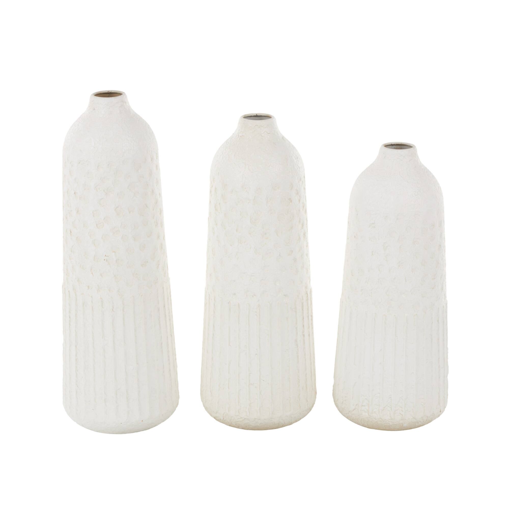 White Metal Textured Decorative Vase with Honeycomb Pattern Set